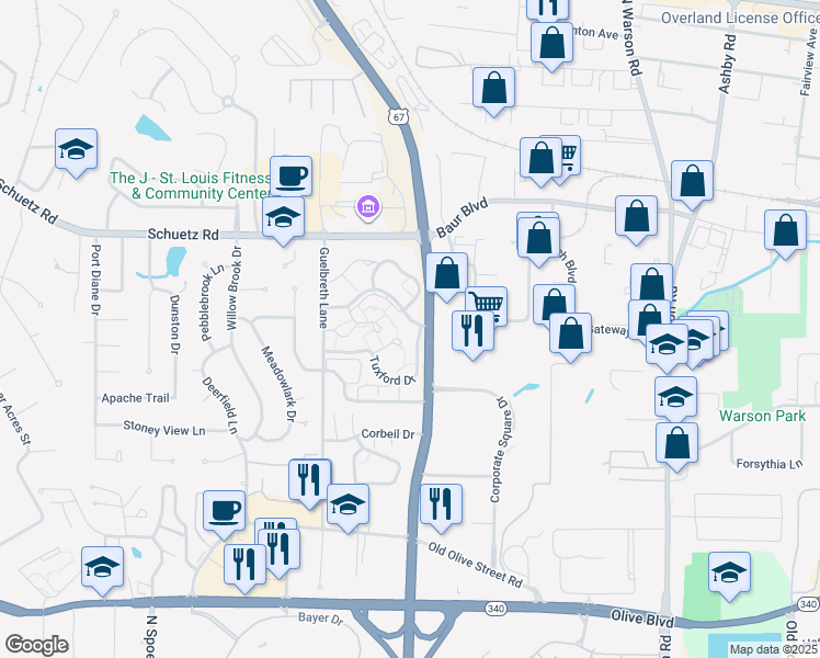 map of restaurants, bars, coffee shops, grocery stores, and more near 10322 Oxford Hill Drive in St. Louis