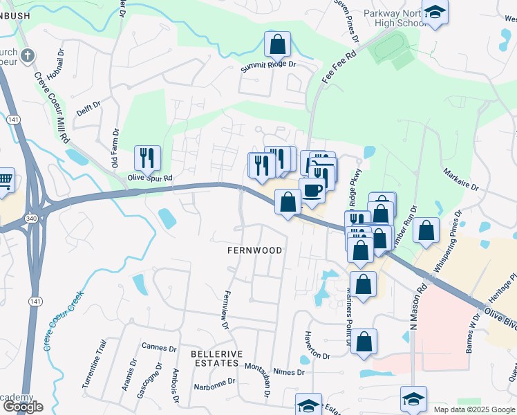 map of restaurants, bars, coffee shops, grocery stores, and more near 12962 Olive Boulevard in St. Louis