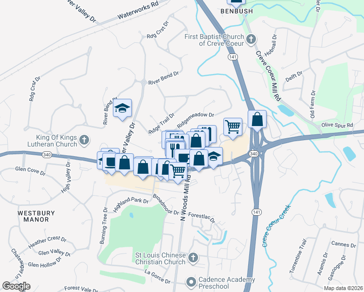 map of restaurants, bars, coffee shops, grocery stores, and more near 13509 Coliseum Drive in Chesterfield