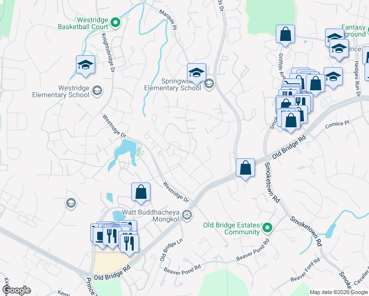 map of restaurants, bars, coffee shops, grocery stores, and more near 3937 Penshurst Lane in Woodbridge
