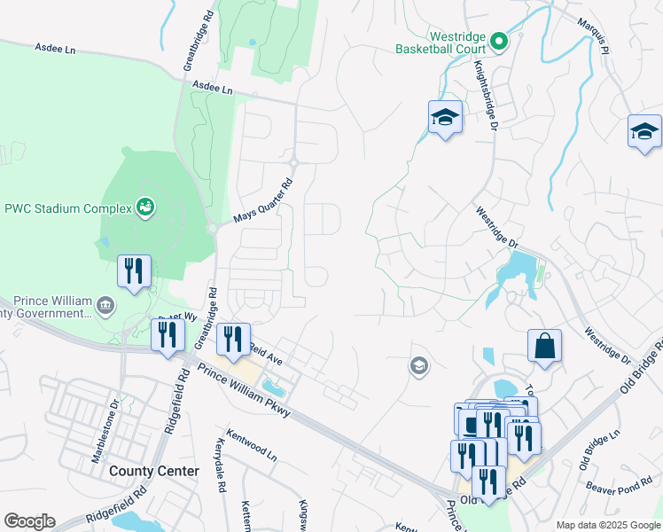 map of restaurants, bars, coffee shops, grocery stores, and more near 12512 Southington Drive in Woodbridge