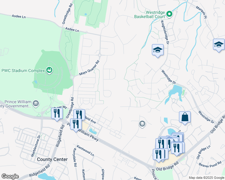 map of restaurants, bars, coffee shops, grocery stores, and more near 12512 Southington Drive in Woodbridge