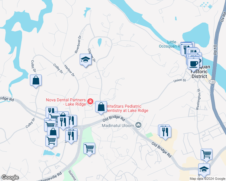 map of restaurants, bars, coffee shops, grocery stores, and more near 2058 Mayflower Drive in Woodbridge
