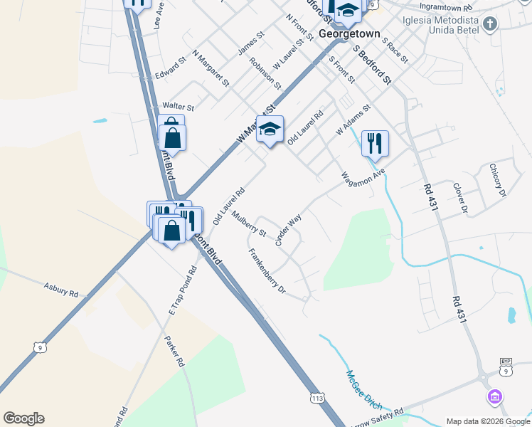 map of restaurants, bars, coffee shops, grocery stores, and more near 17 Bayberry Street in Georgetown