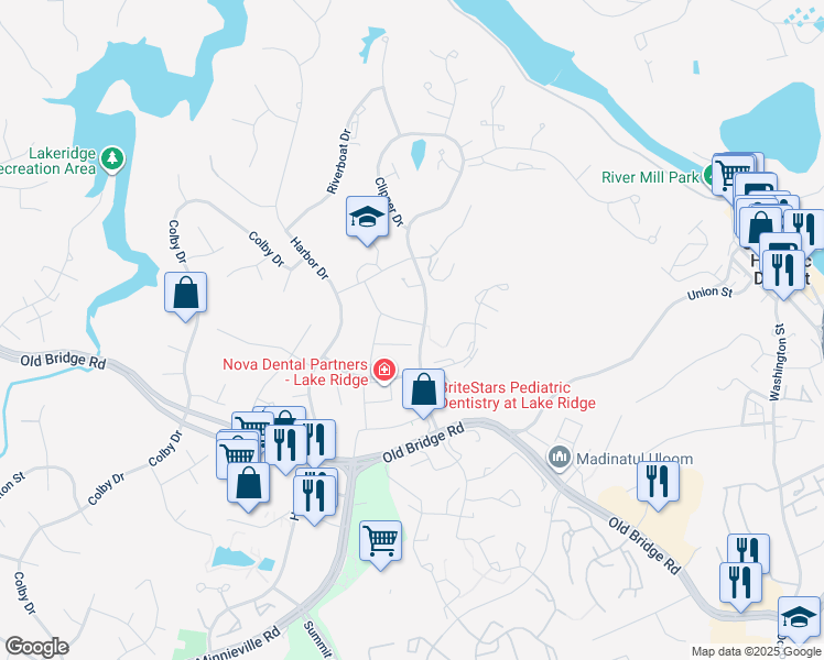 map of restaurants, bars, coffee shops, grocery stores, and more near 2047 Pilgrim Drive in Woodbridge