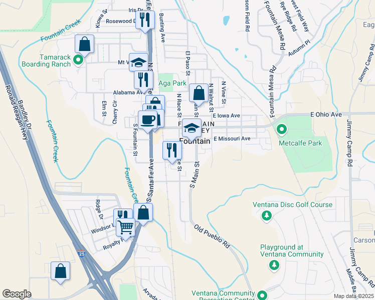 map of restaurants, bars, coffee shops, grocery stores, and more near 211 South Main Street in Fountain