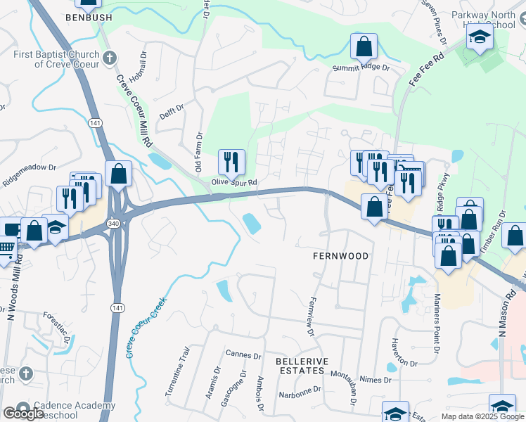 map of restaurants, bars, coffee shops, grocery stores, and more near 13115 Mill Crossing Court in Creve Coeur