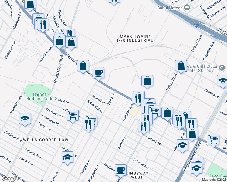 map of restaurants, bars, coffee shops, grocery stores, and more near 5504 Natural Bridge Avenue in St. Louis