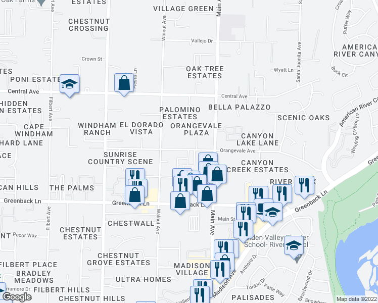 map of restaurants, bars, coffee shops, grocery stores, and more near 9337 Orangevale Avenue in Orangevale