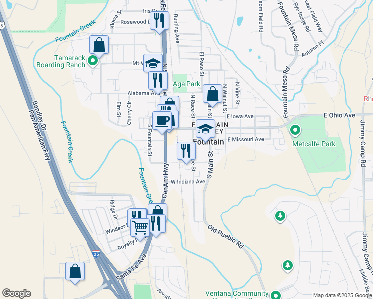map of restaurants, bars, coffee shops, grocery stores, and more near 211 South Race Street in Fountain