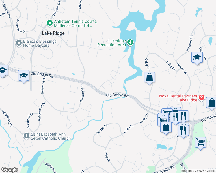 map of restaurants, bars, coffee shops, grocery stores, and more near 2562 Fox Ridge Court in Woodbridge
