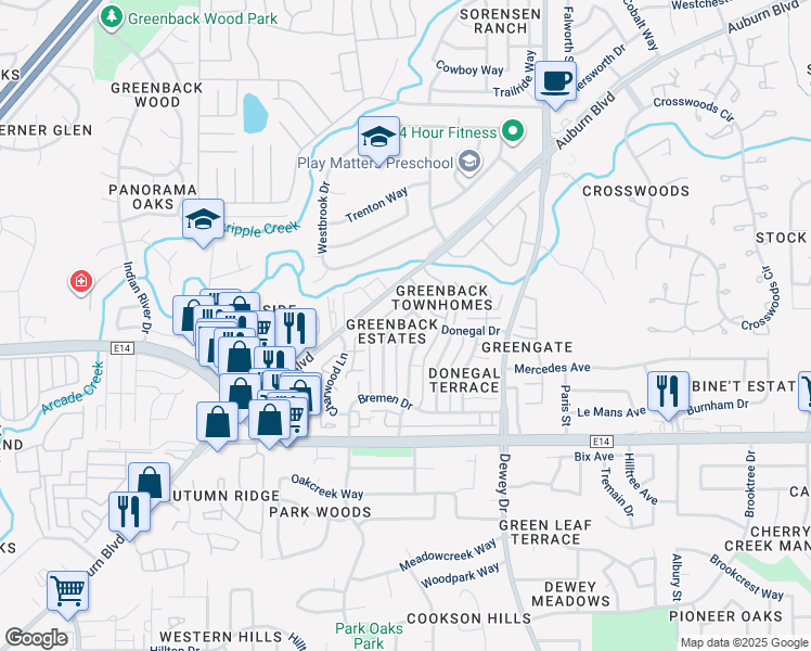 map of restaurants, bars, coffee shops, grocery stores, and more near 6446 Donegal Drive in Citrus Heights