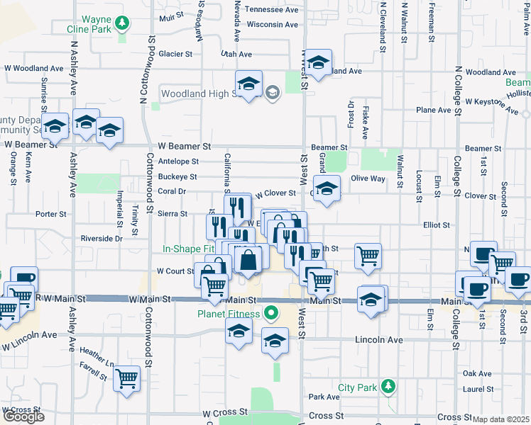 map of restaurants, bars, coffee shops, grocery stores, and more near 56 West Elliot Street in Woodland