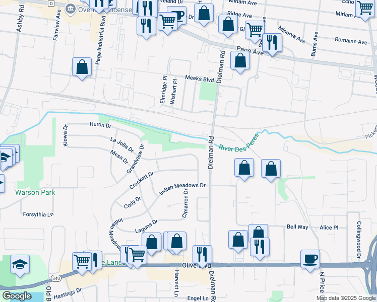 map of restaurants, bars, coffee shops, grocery stores, and more near 9415 La Jolla Drive in Olivette
