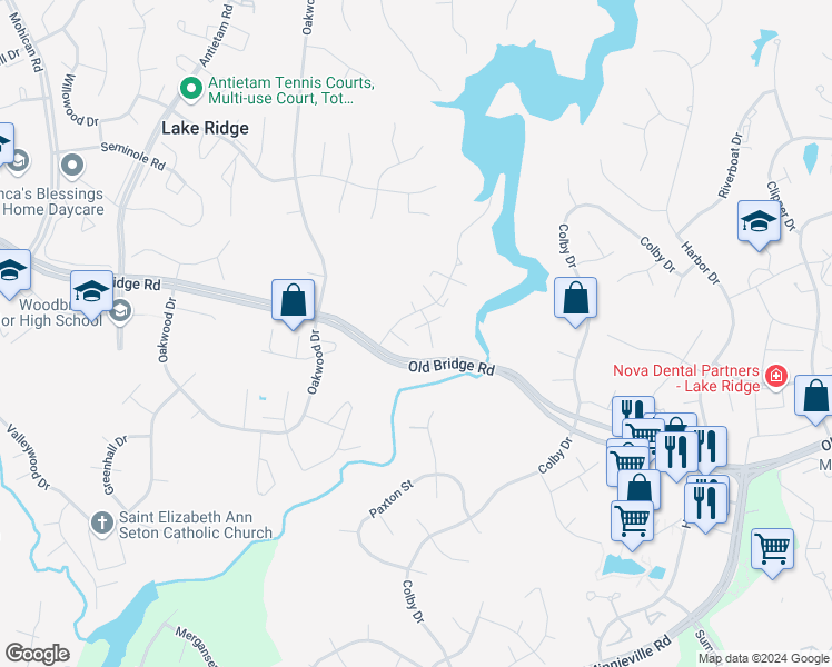 map of restaurants, bars, coffee shops, grocery stores, and more near 2562 Fox Ridge Court in Woodbridge