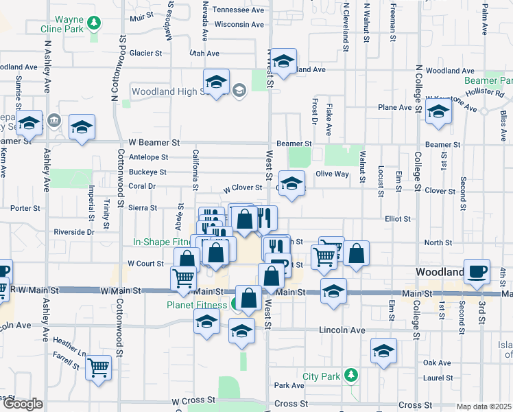map of restaurants, bars, coffee shops, grocery stores, and more near 18 West Elliot Street in Woodland