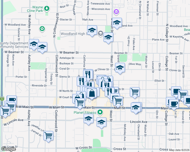 map of restaurants, bars, coffee shops, grocery stores, and more near 56 West Elliot Street in Woodland