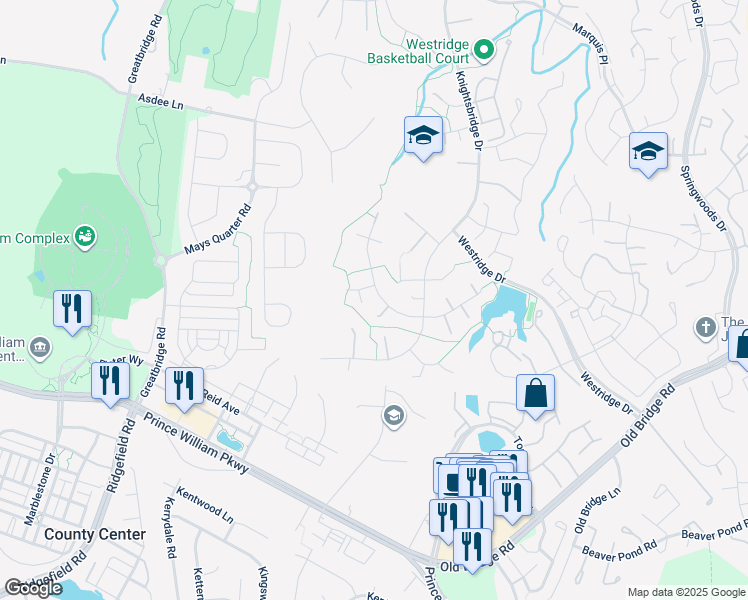 map of restaurants, bars, coffee shops, grocery stores, and more near 4321 Berwick Place in Woodbridge