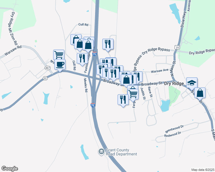 map of restaurants, bars, coffee shops, grocery stores, and more near 77 Broadway Street in Dry Ridge