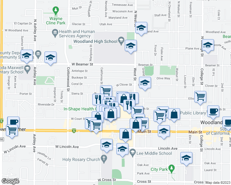 map of restaurants, bars, coffee shops, grocery stores, and more near 56 West Elliot Street in Woodland