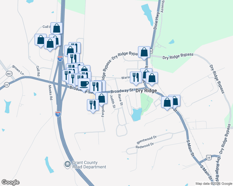 map of restaurants, bars, coffee shops, grocery stores, and more near 33 Broadway Street in Dry Ridge