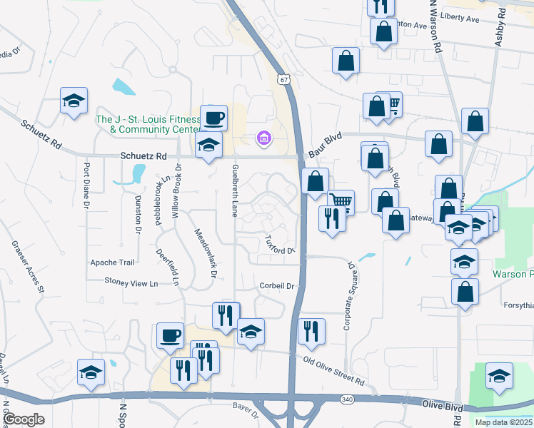 map of restaurants, bars, coffee shops, grocery stores, and more near 1201 Oxford Hill Court in St. Louis