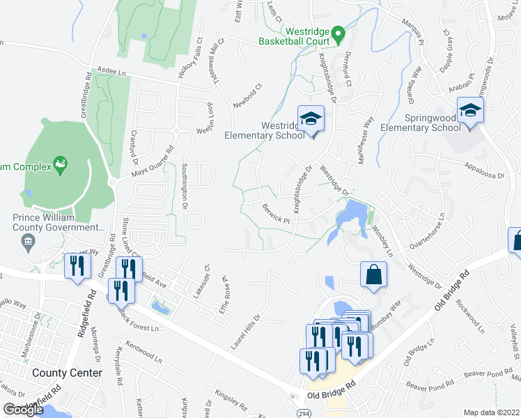 map of restaurants, bars, coffee shops, grocery stores, and more near 4321 Berwick Place in Woodbridge
