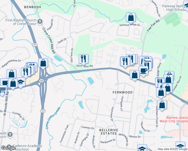 map of restaurants, bars, coffee shops, grocery stores, and more near 13115 Mill Crossing Court in Creve Coeur