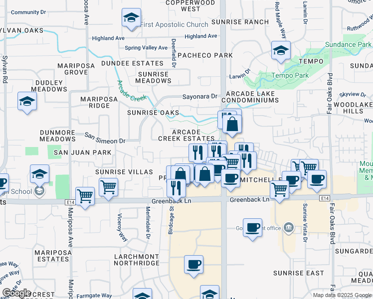 map of restaurants, bars, coffee shops, grocery stores, and more near 6446 Denton Way in Citrus Heights