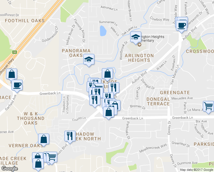 map of restaurants, bars, coffee shops, grocery stores, and more near 6340 Slippery Creek Lane in Citrus Heights