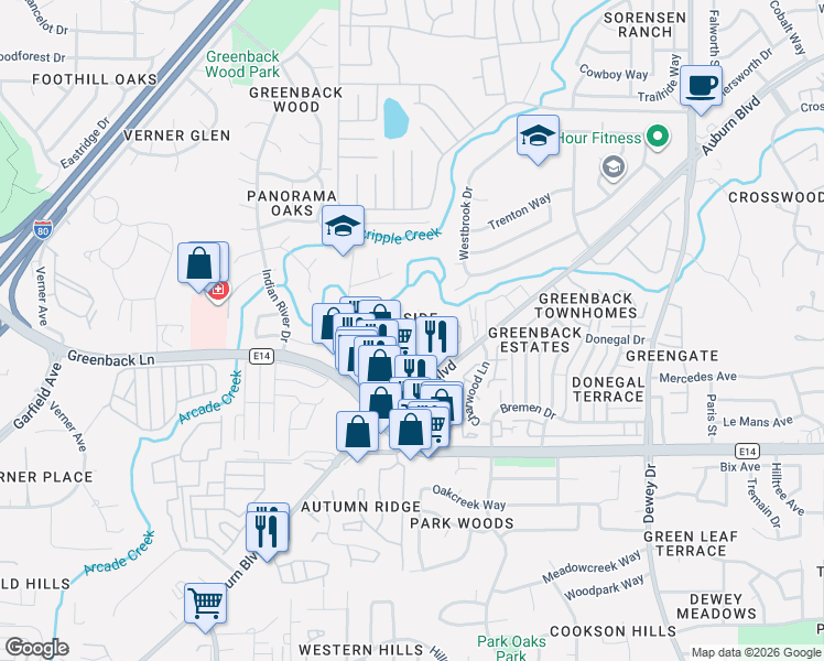 map of restaurants, bars, coffee shops, grocery stores, and more near 6340 Slippery Creek Lane in Citrus Heights