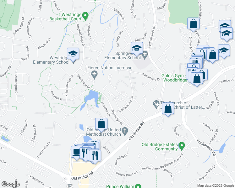 map of restaurants, bars, coffee shops, grocery stores, and more near 12621 Kempston Lane in Woodbridge
