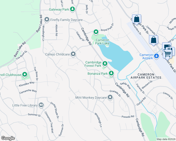 map of restaurants, bars, coffee shops, grocery stores, and more near 3110 Wilkinson Road in Cameron Park