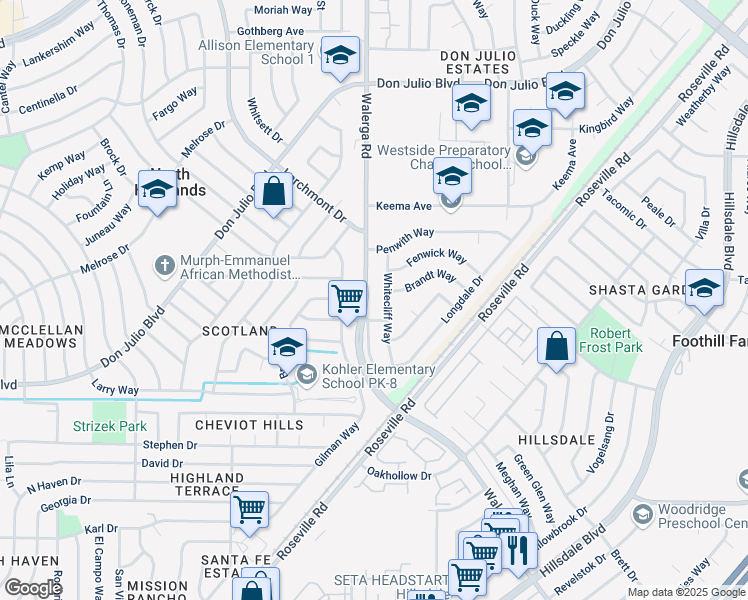 map of restaurants, bars, coffee shops, grocery stores, and more near 6312 Walerga Road in North Highlands