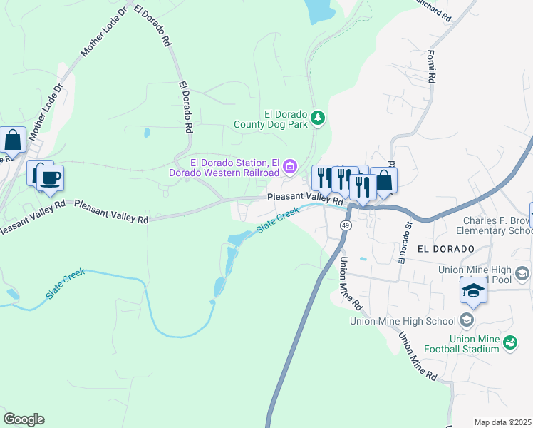 map of restaurants, bars, coffee shops, grocery stores, and more near 6124 Pleasant Valley Road in El Dorado County