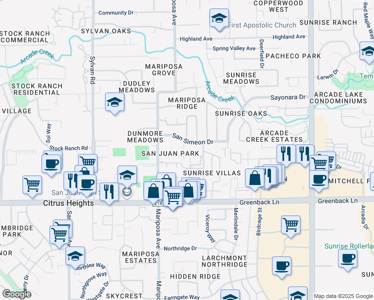 map of restaurants, bars, coffee shops, grocery stores, and more near 6402 Santa Catarina Way in Citrus Heights