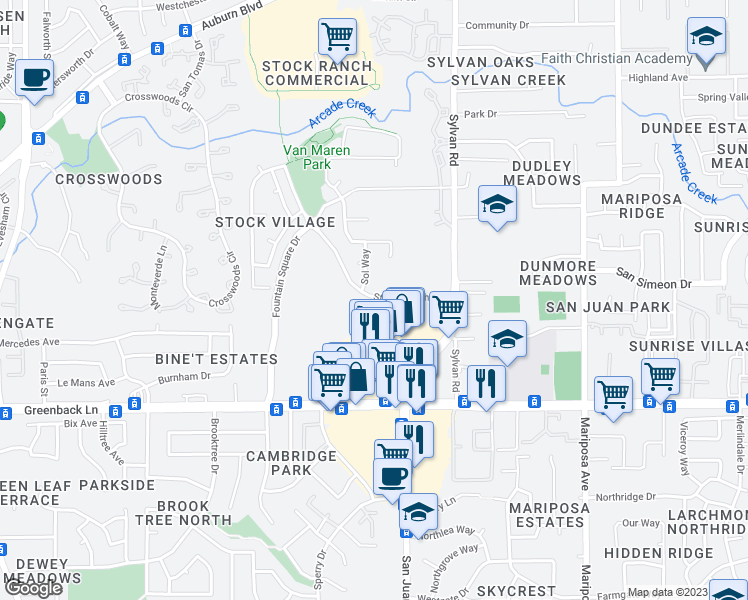map of restaurants, bars, coffee shops, grocery stores, and more near 7340 Stock Ranch Road in Citrus Heights