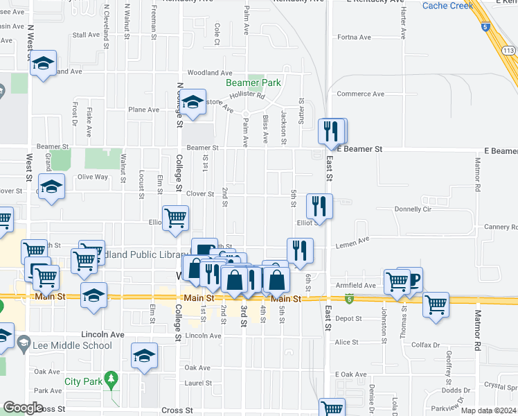 map of restaurants, bars, coffee shops, grocery stores, and more near 109 3rd Street in Woodland