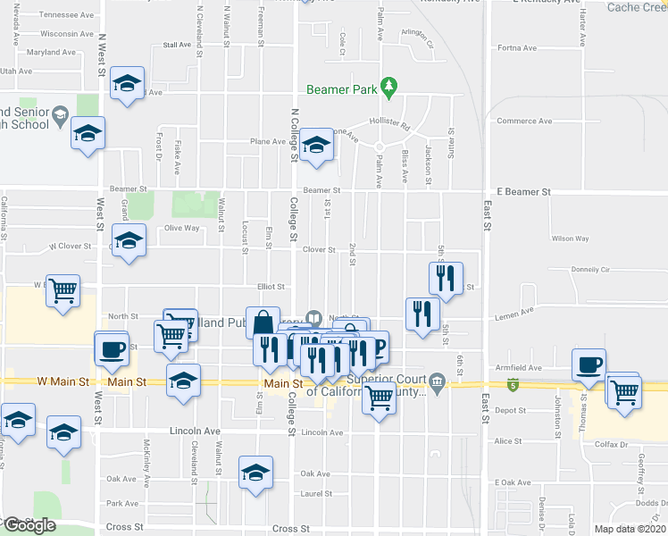 map of restaurants, bars, coffee shops, grocery stores, and more near 107 1st Street in Woodland