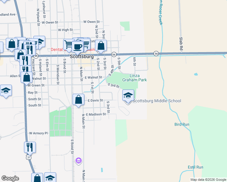 map of restaurants, bars, coffee shops, grocery stores, and more near 262 Harrison Street in Scottsburg