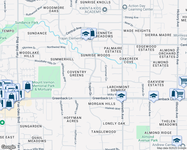map of restaurants, bars, coffee shops, grocery stores, and more near 8401 Harbourwood Drive in Orangevale