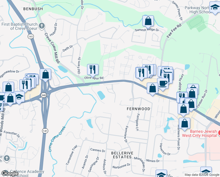 map of restaurants, bars, coffee shops, grocery stores, and more near 13115 Mill Crossing Court in Creve Coeur