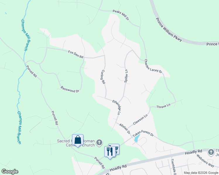 map of restaurants, bars, coffee shops, grocery stores, and more near 12593 Curling Road in Manassas
