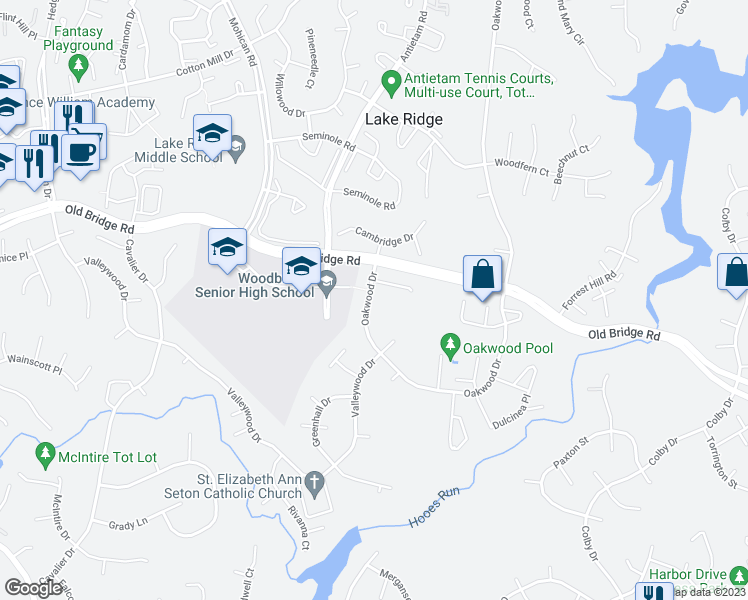 map of restaurants, bars, coffee shops, grocery stores, and more near 12513 Oakwood Drive in Woodbridge