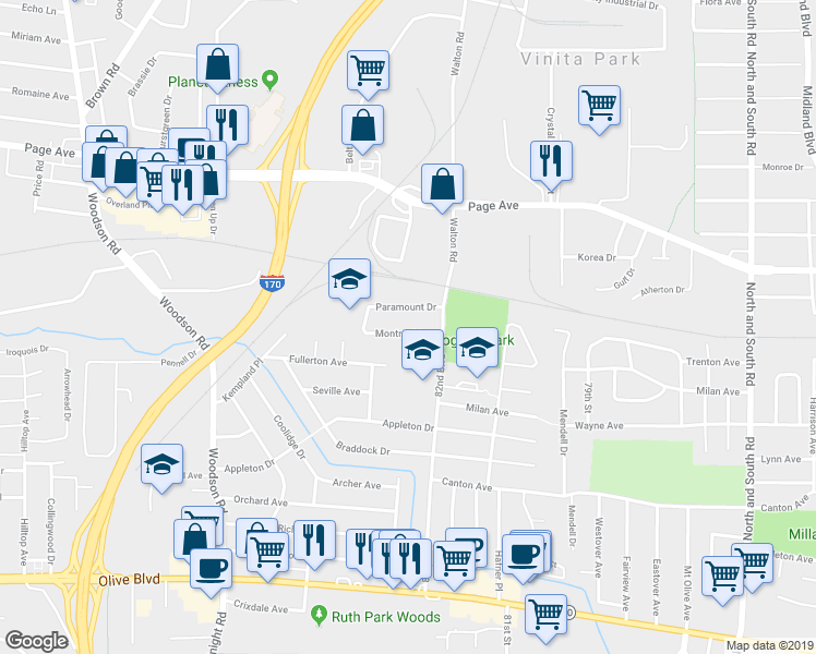 map of restaurants, bars, coffee shops, grocery stores, and more near 8227 Montreal Drive in St. Louis