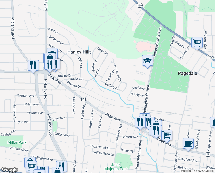 map of restaurants, bars, coffee shops, grocery stores, and more near 7508 Balfour Drive in St. Louis