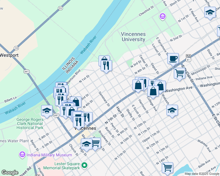map of restaurants, bars, coffee shops, grocery stores, and more near 614 North 4th Street in Vincennes