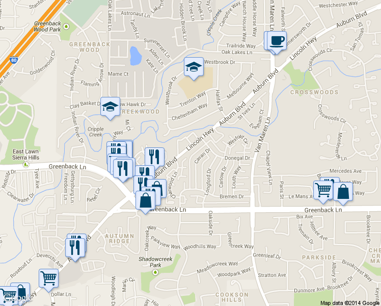 map of restaurants, bars, coffee shops, grocery stores, and more near 6430 Auburn Boulevard in Citrus Heights