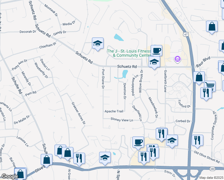 map of restaurants, bars, coffee shops, grocery stores, and more near 6425 Will Rogers Drive in St. Louis