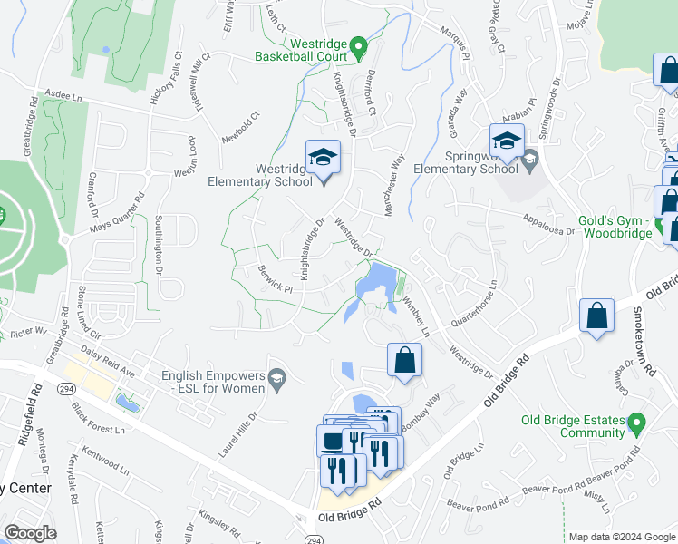 map of restaurants, bars, coffee shops, grocery stores, and more near 4264 Berwick Place in Woodbridge